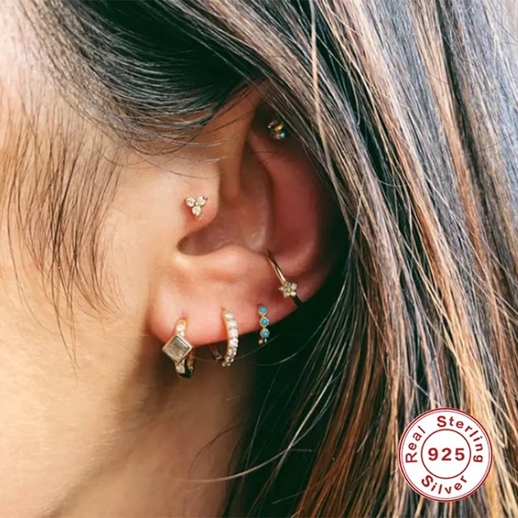 COPY - 1 pair 925 Sterling Turquoise Teal Gold Studs Hoops Hinges Pin Earrings - Picture 9 of 16